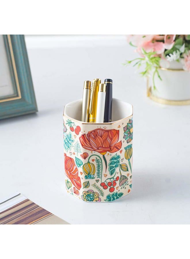 YOSCO Ceramic Desk Holder Pen Holder Stand Pencil Cup Pot Desk Organizer Makeup Brush Holder (Flower) - Image 2