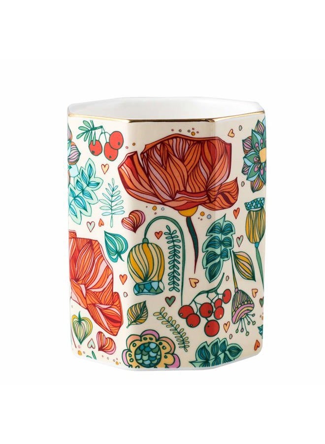 YOSCO Ceramic Desk Holder Pen Holder Stand Pencil Cup Pot Desk Organizer Makeup Brush Holder (Flower) - Image 1
