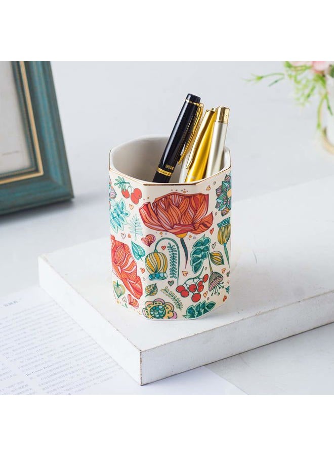 YOSCO Ceramic Desk Holder Pen Holder Stand Pencil Cup Pot Desk Organizer Makeup Brush Holder (Flower) - Image 3