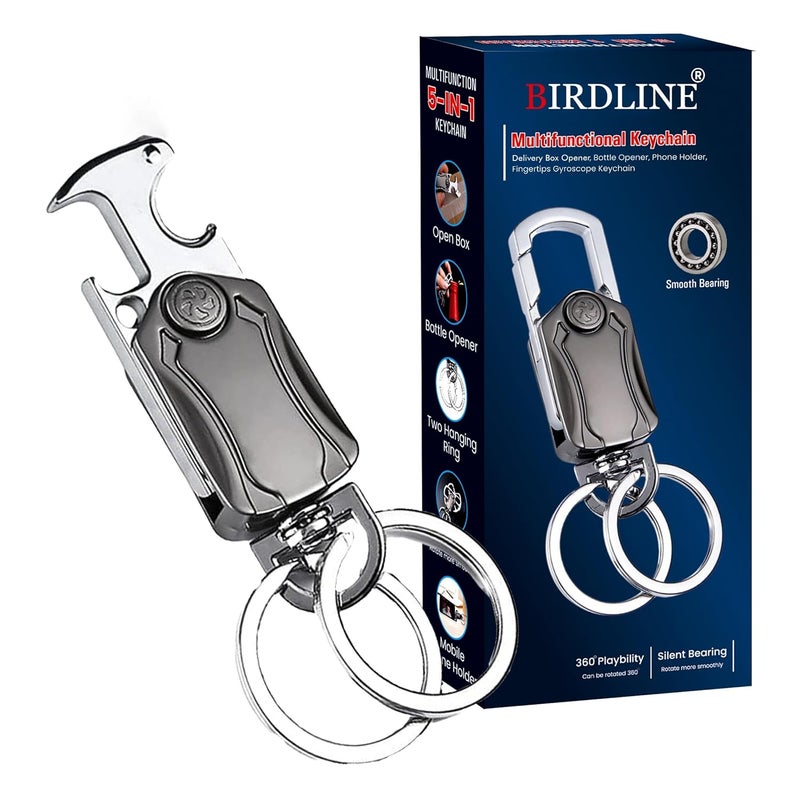 BIRDLINE Multifunction Keychain 5 IN 1 Heavy Duty Dual Metal Ring, Bottle Opener, Mobile Phone Holder, 360° Rotate Spinner - Outdoor Carabiner Portable Key-chain For Bike & Car. - Image 1