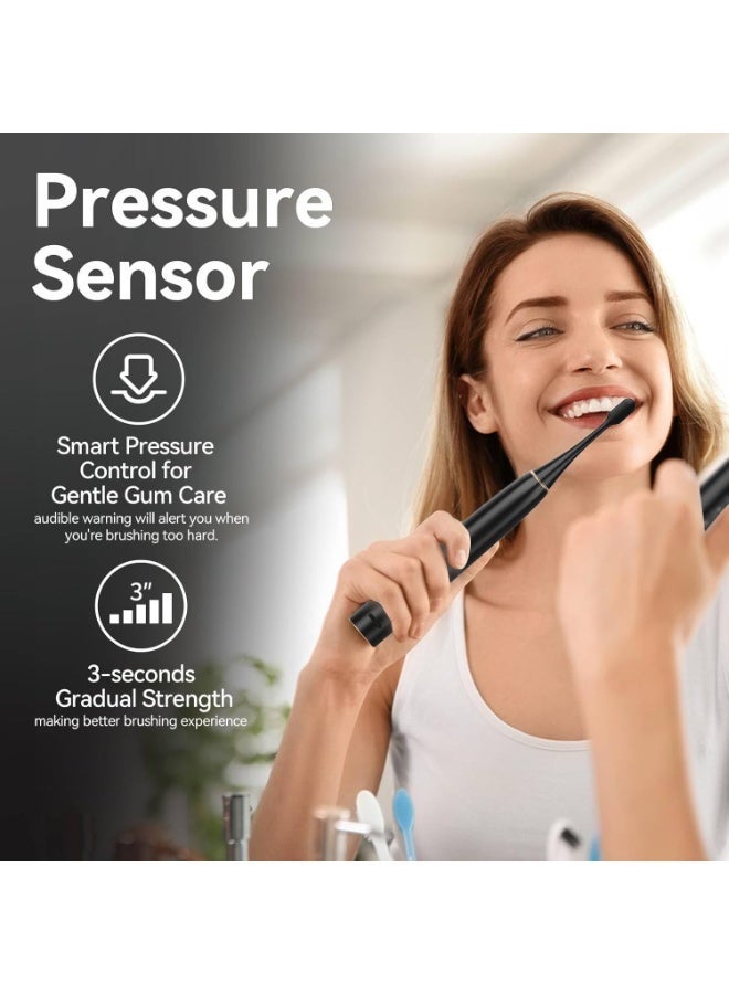 سيجو فرشاة أسنان كهربائية من سيجو للبالغين مزودة بمستشعر ضغط، وحامل فرشاة أسنان سونيك يُثبت على الحائط، وعمر بطارية يصل إلى 30 يومًا، و5 أوضاع تنظيف، و8 رؤوس بديلة، ومؤقت، ومقاومة للماء بمعيار IPX7 (أسود) - Image 2