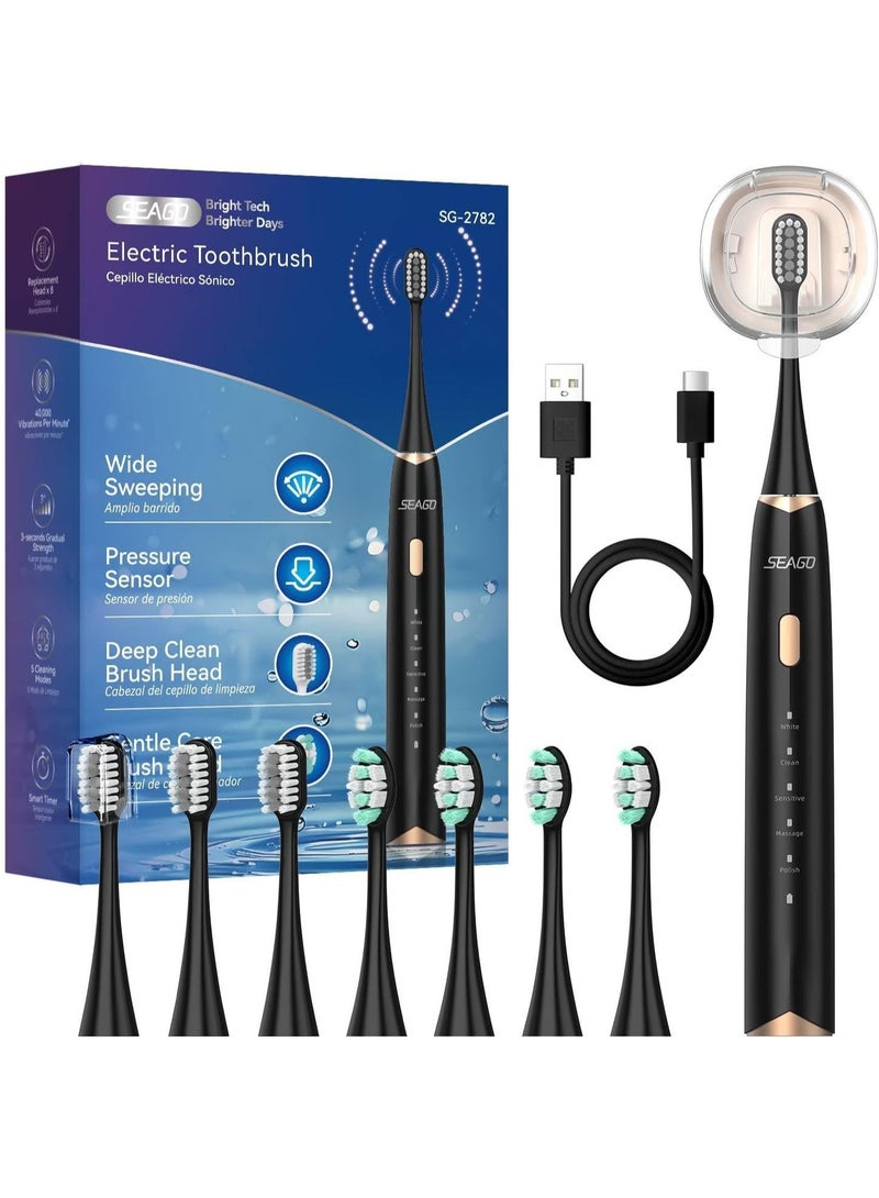 سيجو فرشاة أسنان كهربائية من سيجو للبالغين مزودة بمستشعر ضغط، وحامل فرشاة أسنان سونيك يُثبت على الحائط، وعمر بطارية يصل إلى 30 يومًا، و5 أوضاع تنظيف، و8 رؤوس بديلة، ومؤقت، ومقاومة للماء بمعيار IPX7 (أسود) - Image 1