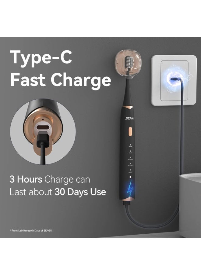 سيجو فرشاة أسنان كهربائية من سيجو للبالغين مزودة بمستشعر ضغط، وحامل فرشاة أسنان سونيك يُثبت على الحائط، وعمر بطارية يصل إلى 30 يومًا، و5 أوضاع تنظيف، و8 رؤوس بديلة، ومؤقت، ومقاومة للماء بمعيار IPX7 (أسود) - Image 4