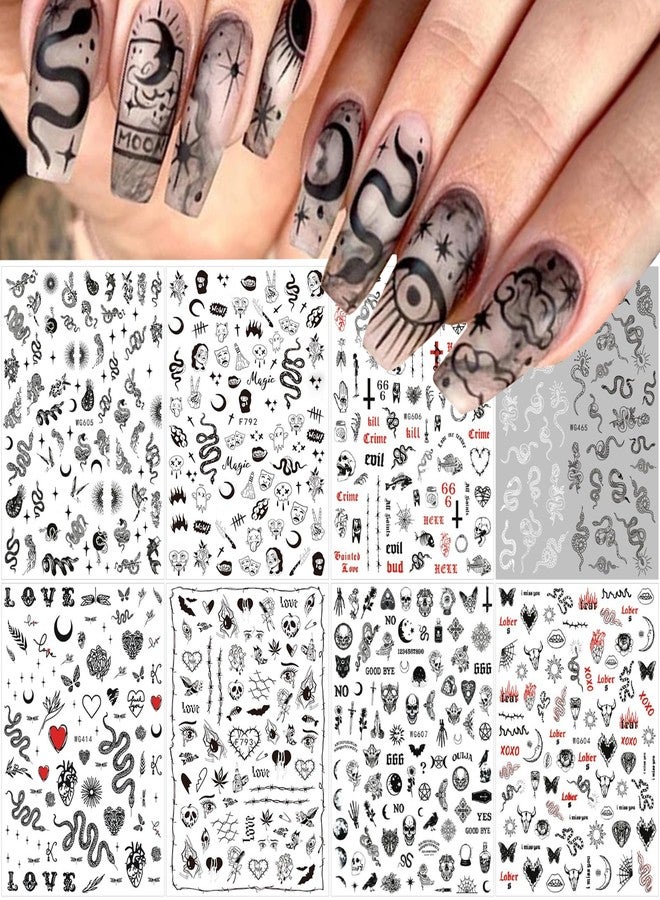 YKZFUI Snake Nail Art Stickers Decals Black Skull Goth Nail Decals Nail Art Supplies 3D Gothic Punk Horror Nail Stickers Designer Nail Accessories Charms Nail Designs for Acrylic Nail Art Decoration (8 Pcs) - Image 1