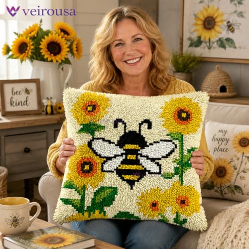 veirousa Bee Sunflower Latch Hook Kits for Adults Beginners, Pre-Printed Animal Latch Hook Pillow Kit, Craft Rug Making Kits, DIY Embroidery Cushion for Home Sofa Decor & Gift Idea 17x17 in. - Image 2