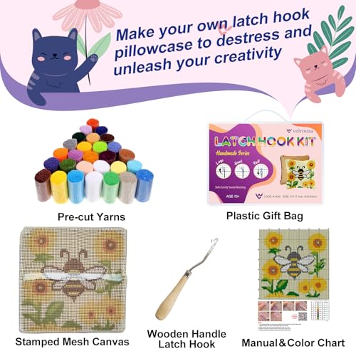 veirousa Bee Sunflower Latch Hook Kits for Adults Beginners, Pre-Printed Animal Latch Hook Pillow Kit, Craft Rug Making Kits, DIY Embroidery Cushion for Home Sofa Decor & Gift Idea 17x17 in. - Image 3