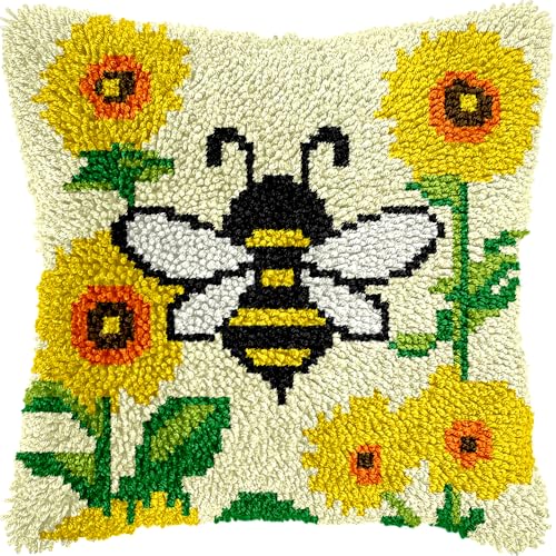 veirousa Bee Sunflower Latch Hook Kits for Adults Beginners, Pre-Printed Animal Latch Hook Pillow Kit, Craft Rug Making Kits, DIY Embroidery Cushion for Home Sofa Decor & Gift Idea 17x17 in. - Image 1