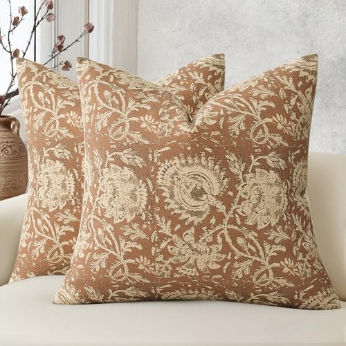 DKwizme Vintage Floral Print Throw Pillow Covers 20x20 Set of 2 Neutral Modern Farmhouse Pillowcases Accent Decorative Cushion Covers Boho Home Decor for Couch Sofa Chair Bed Living Room, Cognac - Image 1
