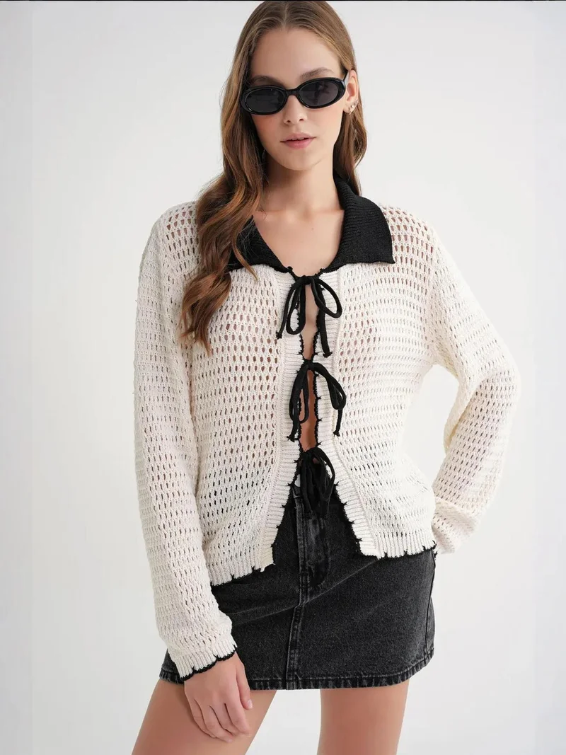 MixRay Open Knit Cardigan with Contrast Collar and Tie Front