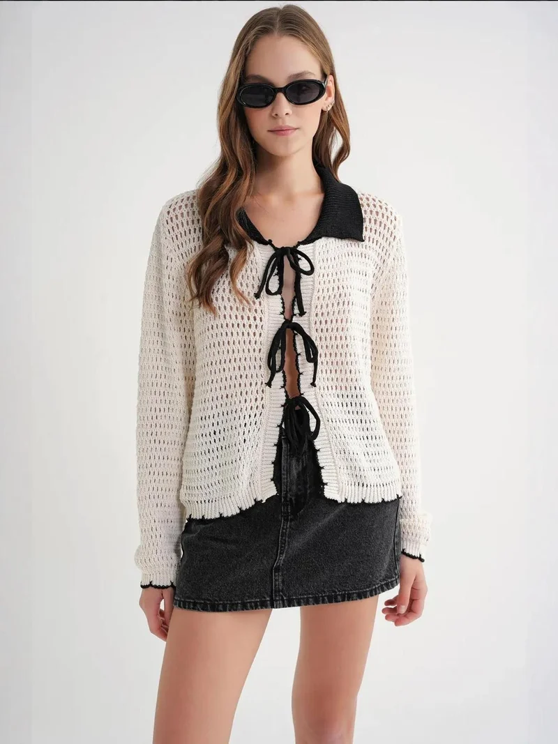 Open Knit Cardigan with Contrast Collar and Tie Front