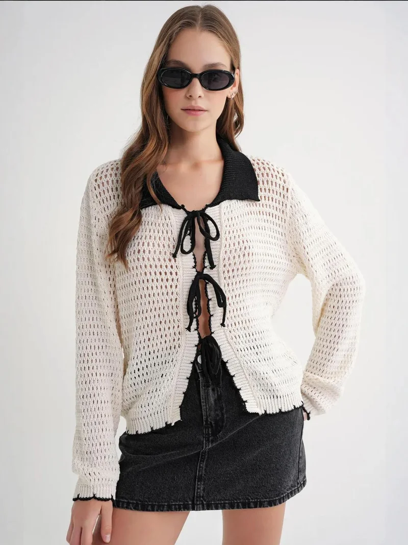 MixRay Natural Open Knit Cardigan with Contrast Collar and Tie Front for Women | Best Price UAE