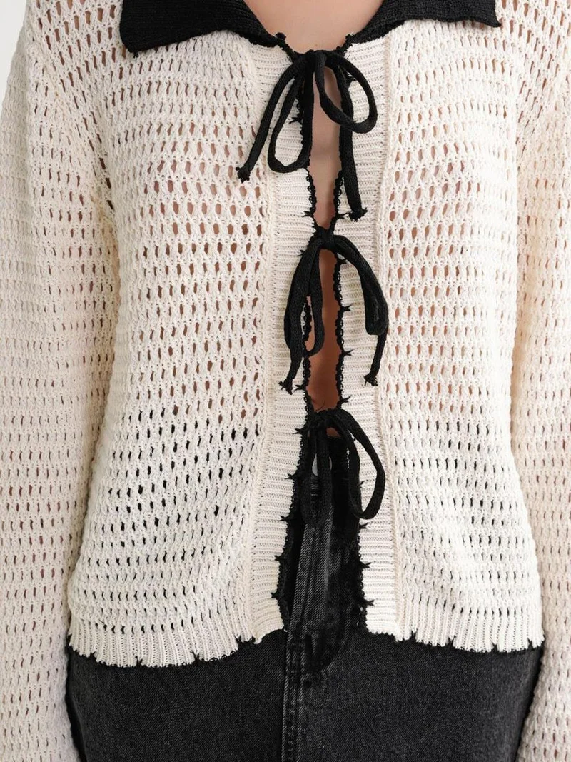 MixRay Natural Open Knit Cardigan with Contrast Collar and Tie Front for Women | Best Price UAE