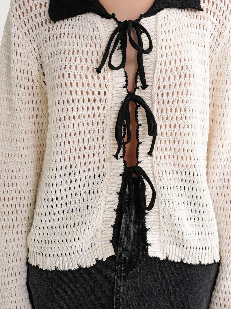MixRay Open Knit Cardigan with Contrast Collar and Tie Front - Image 5