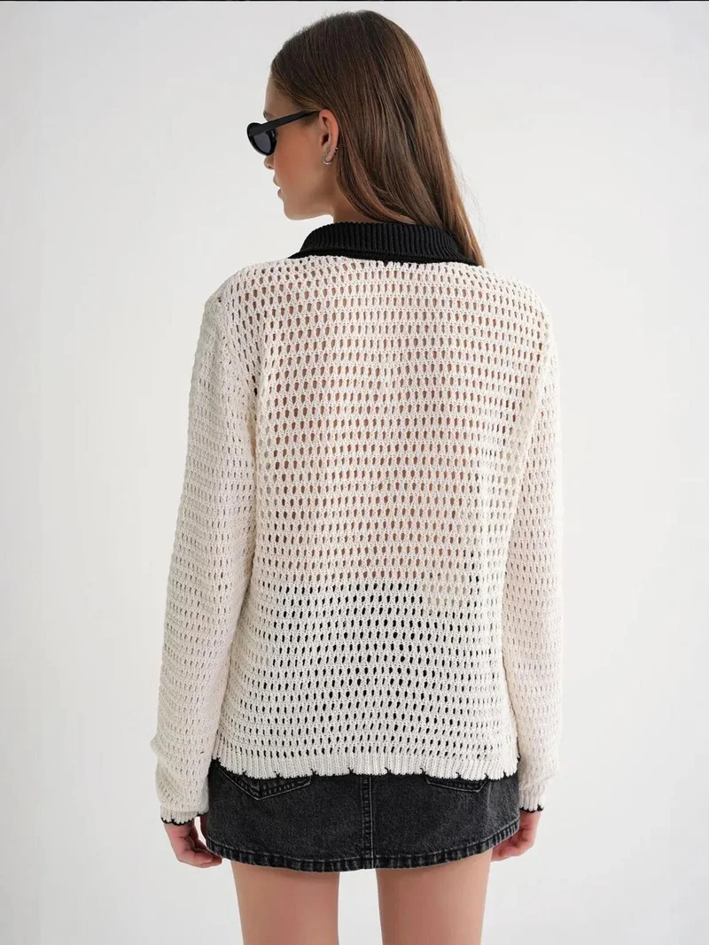 MixRay Natural Open Knit Cardigan with Contrast Collar and Tie Front for Women | Best Price UAE