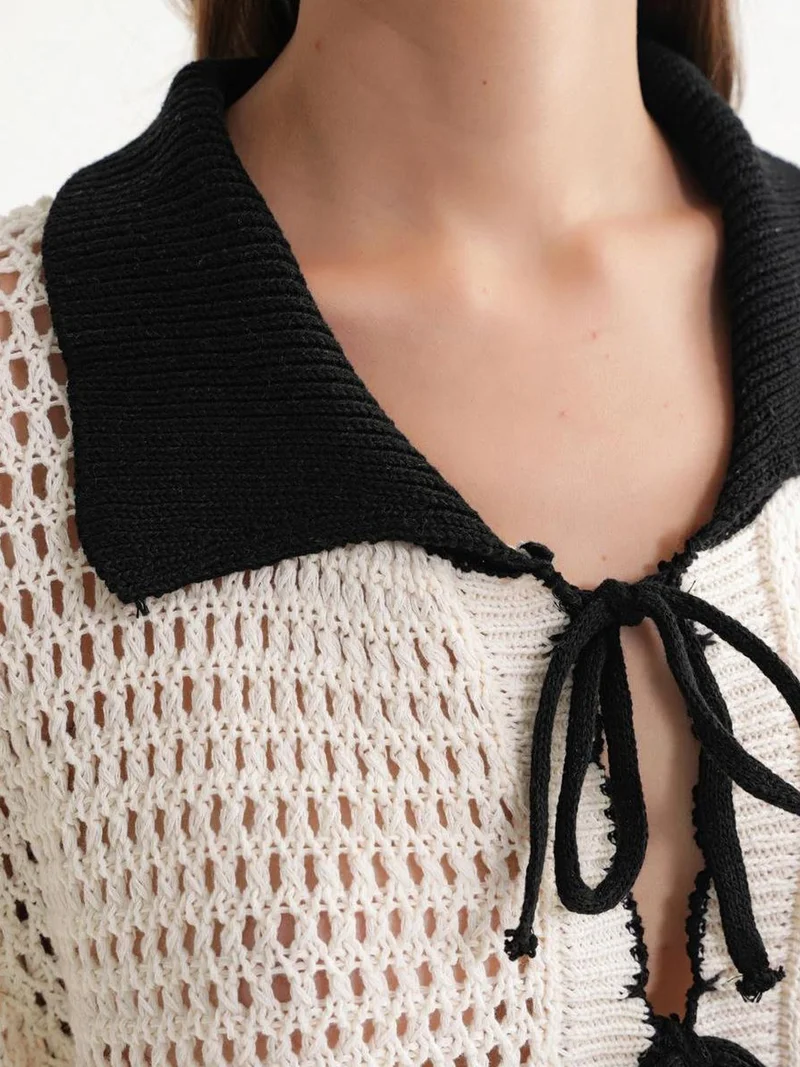 MixRay Natural Open Knit Cardigan with Contrast Collar and Tie Front for Women | Best Price UAE
