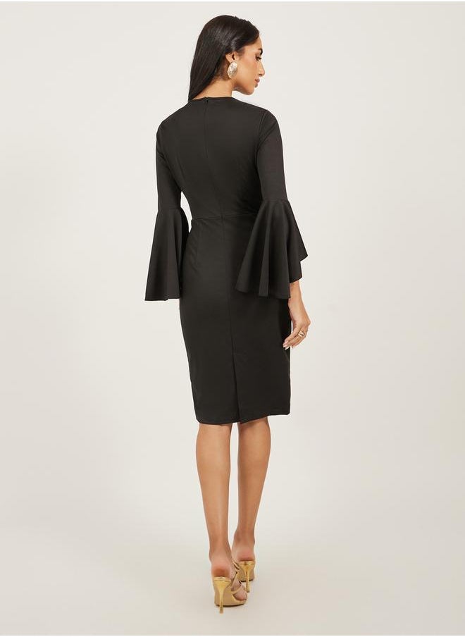 Styli - Solid Ruffled Cuff Sleeves Sheath Knee-Length Dress by Styli - Image 1