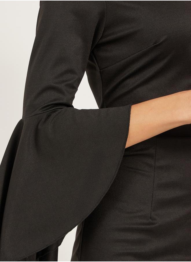 Styli - Solid Ruffled Cuff Sleeves Sheath Knee-Length Dress by Styli - Image 1