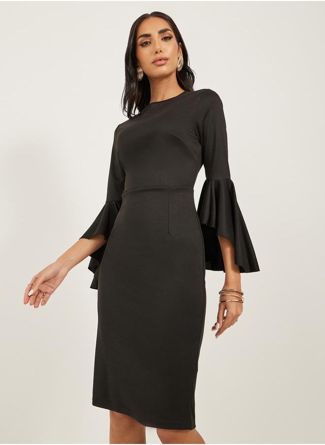 Styli - Solid Ruffled Cuff Sleeves Sheath Knee-Length Dress by Styli - Image 1