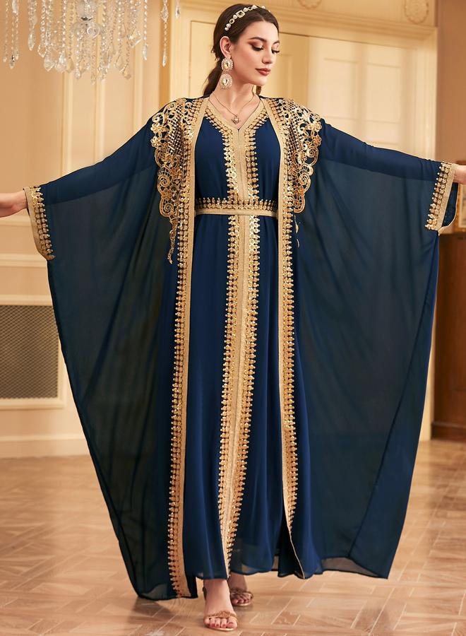 Take Two Navy Blue Sequin Patch Belted Dress with Kimono Set - Image 2