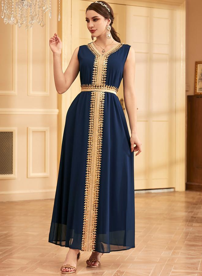 Take Two Navy Blue Sequin Patch Belted Dress with Kimono Set - Image 5