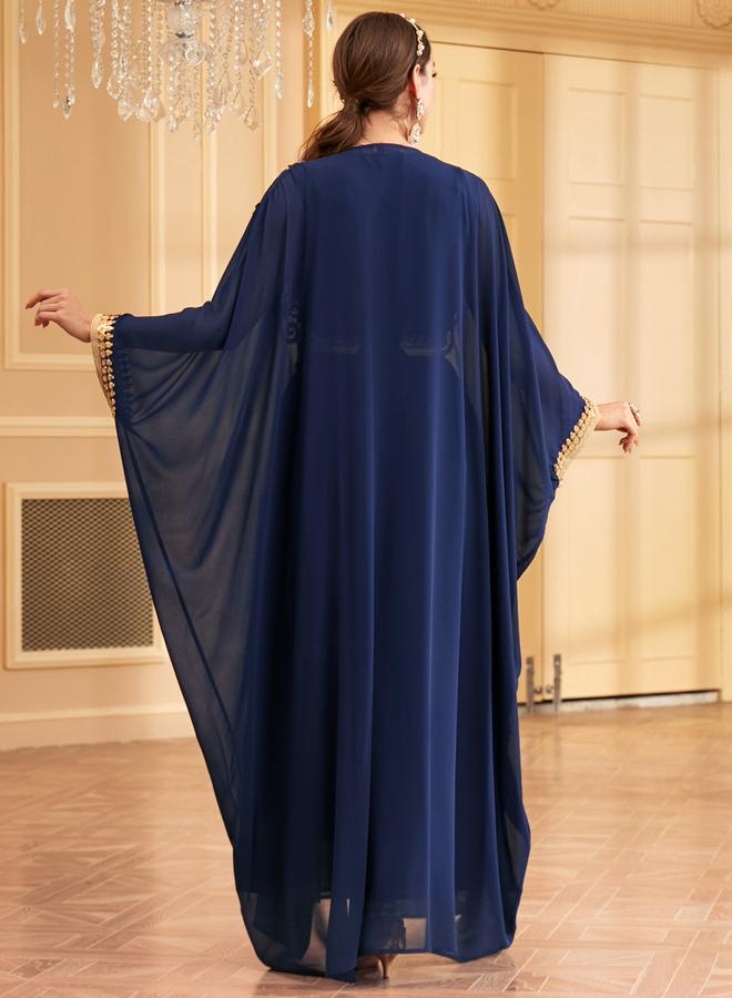 Take Two Navy Blue Sequin Patch Belted Dress with Kimono Set - Image 3