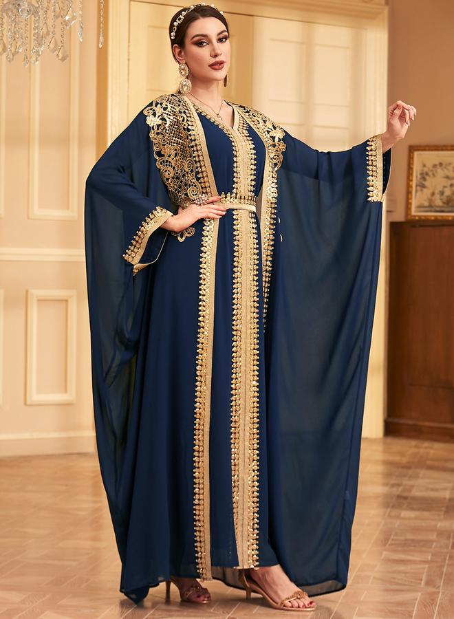 Take Two Navy Blue Sequin Patch Belted Dress with Kimono Set - Image 1