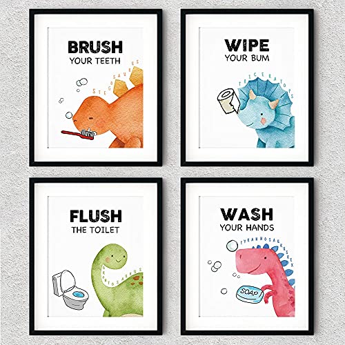 FALJIOK Funny Dinosaur Bathroom Decor, Fun Gag Brush Flush Wipe Wash Wall Art Prints Decorations for Nursery Bathroom, Dinosaur Posters for Son Daughter Set of 4(8" x 10") Unframed - Image 5