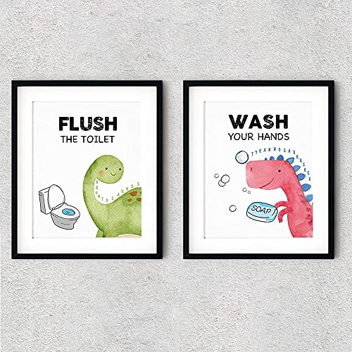 FALJIOK Funny Dinosaur Bathroom Decor, Fun Gag Brush Flush Wipe Wash Wall Art Prints Decorations for Nursery Bathroom, Dinosaur Posters for Son Daughter Set of 4(8" x 10") Unframed - Image 4