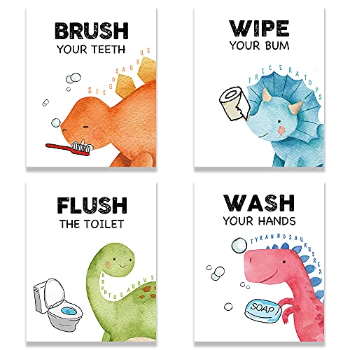 FALJIOK Funny Dinosaur Bathroom Decor, Fun Gag Brush Flush Wipe Wash Wall Art Prints Decorations for Nursery Bathroom, Dinosaur Posters for Son Daughter Set of 4(8" x 10") Unframed - Image 1