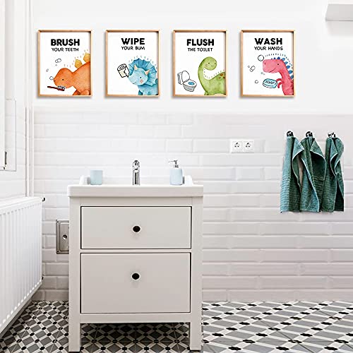 FALJIOK Funny Dinosaur Bathroom Decor, Fun Gag Brush Flush Wipe Wash Wall Art Prints Decorations for Nursery Bathroom, Dinosaur Posters for Son Daughter Set of 4(8" x 10") Unframed - Image 2