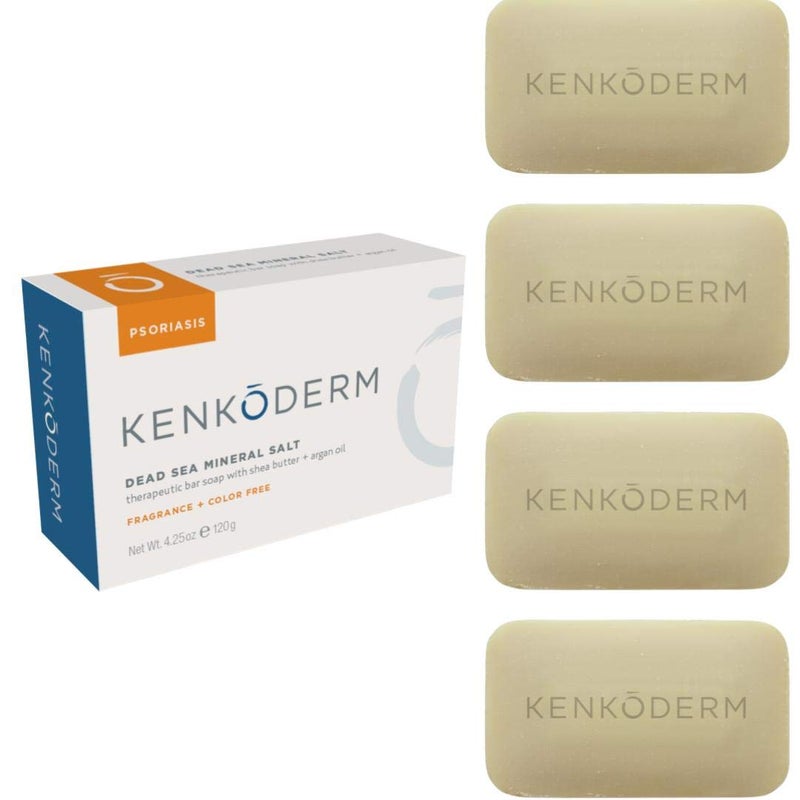 Kenkoderm Psoriasis Dead Sea Mineral Salt Soap with Argan Oil  Salicylic Acid Natural Exfoliating Body  Face Cleanser for Sensitive Skin Color  Fragrance Free 425 Ounce Pack of 4 Bars