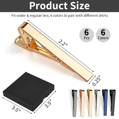 MOWPOG 6 Pcs Tie Clips for Men, 6 Classic Colors Shiny & Glossy Tie Bar, Ideal for Father, Husband, Boyfriend, Business, Wedding, Tie Pins with Gift Box - Image 2