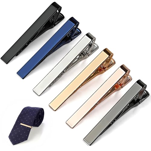MOWPOG 6 Pcs Tie Clips for Men, 6 Classic Colors Shiny & Glossy Tie Bar, Ideal for Father, Husband, Boyfriend, Business, Wedding, Tie Pins with Gift Box - Image 1
