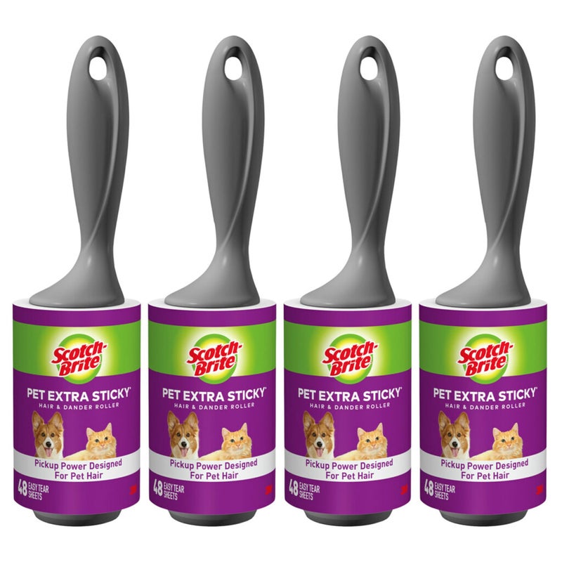 Scotch Brite Scotch-Brite Pet Hair Pickup Extra Sticky Lint Roller, Designed for Removing Fur + Fluff on Couches, Clothes, Dog and Cat Beds, & More, 4 Pack, 192 Easy-Tear Adhesive Sheets Total - Image 1