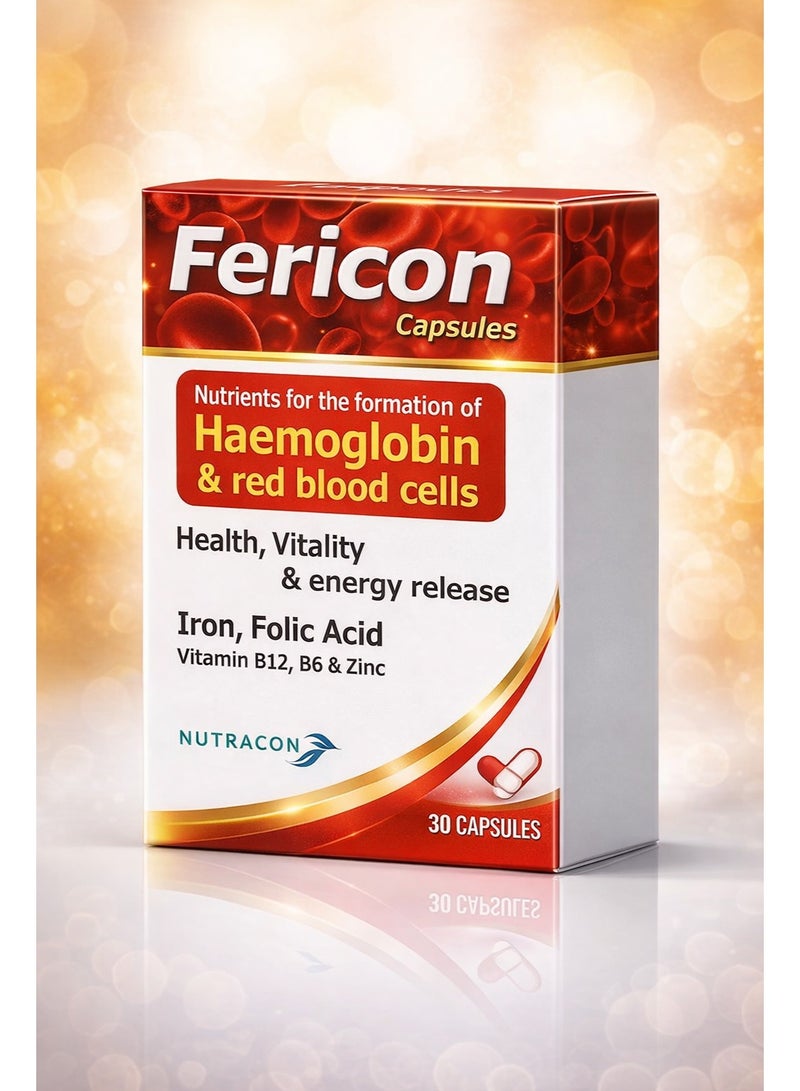 NUTRACON Fericon Capsules – Iron, Folic Acid & Vitamin B12 for Haemoglobin & Red Blood Cell Formation (30 Capsules) - Image 1
