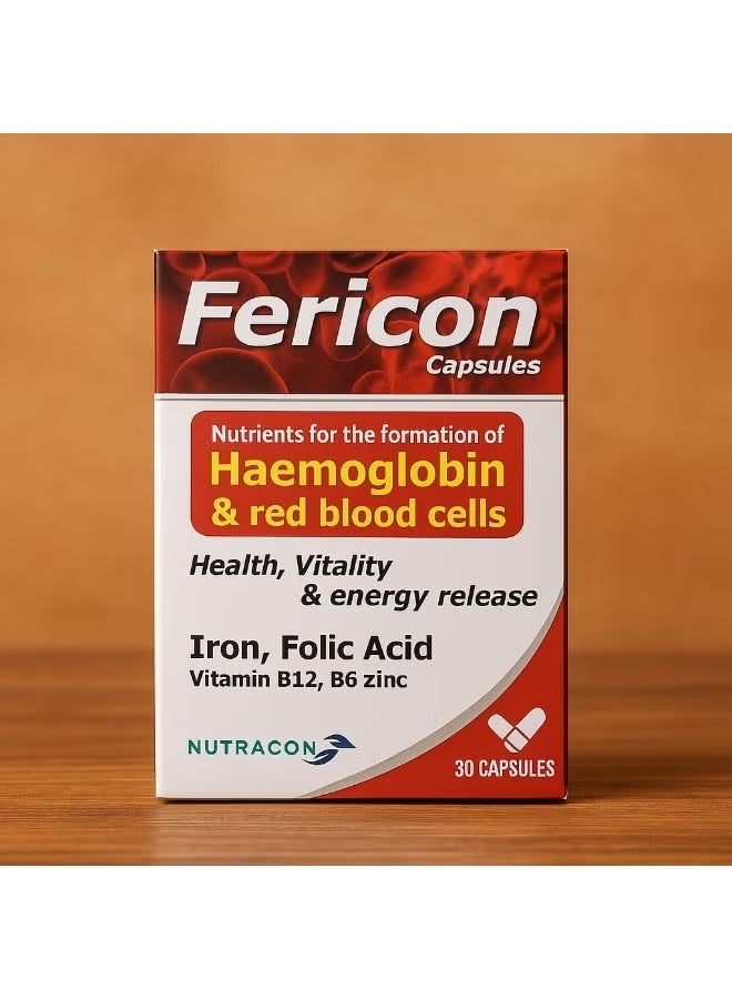 NUTRACON Fericon Capsules – Iron, Folic Acid & Vitamin B12 for Haemoglobin & Red Blood Cell Formation (30 Capsules) - Image 3