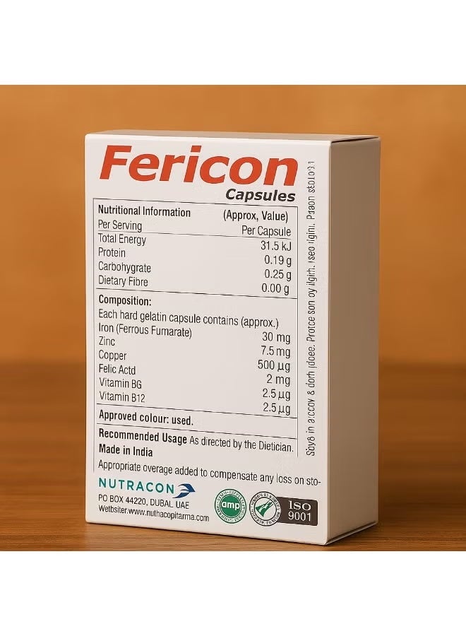 NUTRACON Fericon Capsules – Iron, Folic Acid & Vitamin B12 for Haemoglobin & Red Blood Cell Formation (30 Capsules) - Image 2