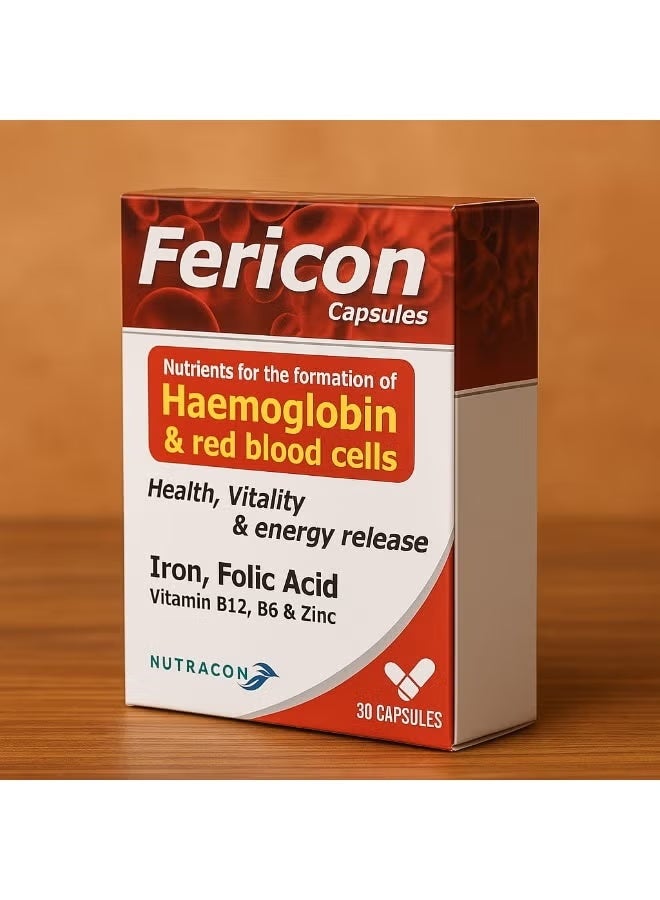 NUTRACON Fericon Capsules – Iron, Folic Acid & Vitamin B12 for Haemoglobin & Red Blood Cell Formation (30 Capsules) - Image 4