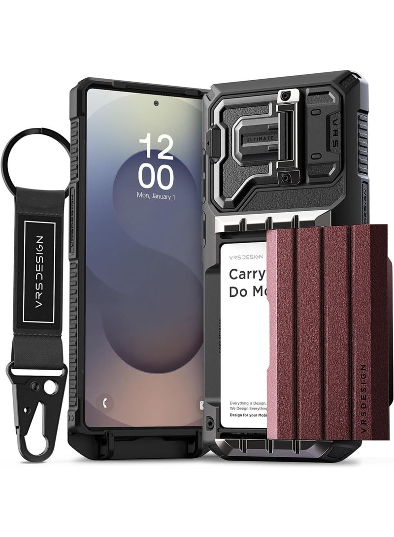 VRS Design Damda Glide Ultimate Samsung Galaxy S25 ULTRA Case Cover Wallet with Semi Automatic Credit Card Holder Slot [4 Cards] & Camera Lens Protector Kickstand - Metallic Red - Image 1