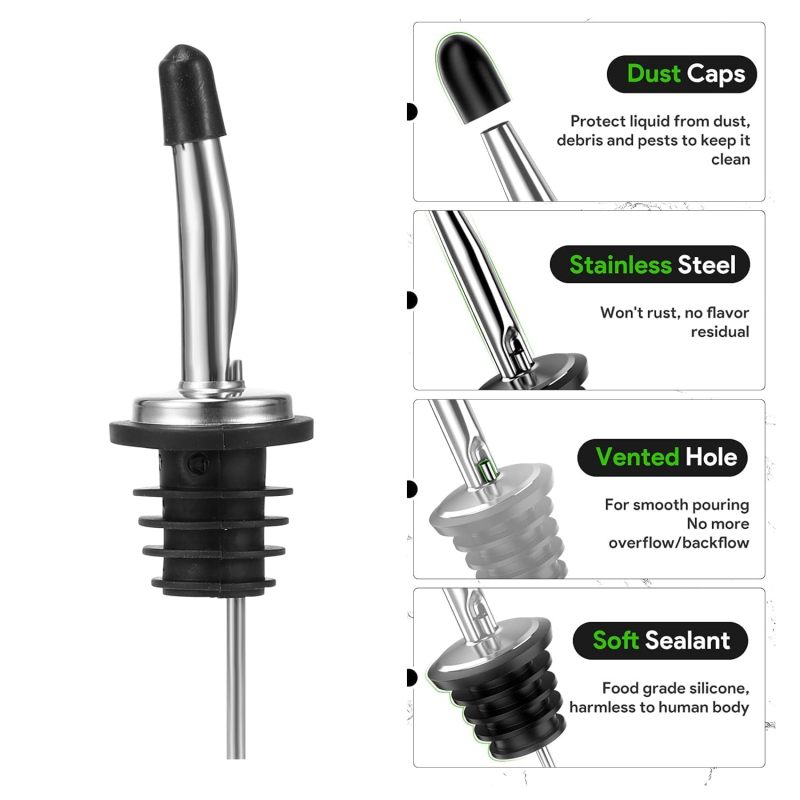 Stainless Liquor Pourers 6 Pack 4.53 Inch - Leakage-Proof Fit for Standard Bottles Bar Pour Spouts - Vented Free Flow Pourers for Bartenders - Image 2