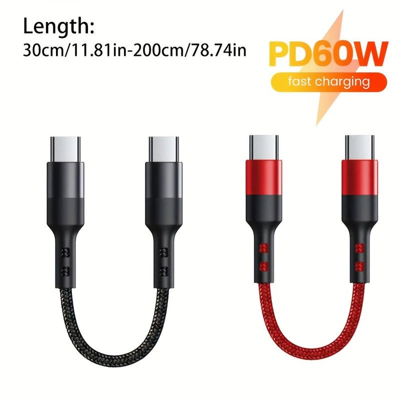 كابل شحن سريع USB C بطول 30 سم بقدرة 60 واط، سلك شحن توربو للهاتف واللابتوب - Image 2