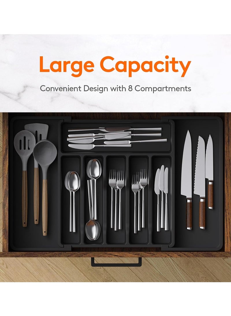 Eworld - Large Capacity Expandable Silverware Drawer Organizer, BPA-Free Utensil Tray for Kitchen, Adjustable Flatware and Cutlery Holder for Spoons, Forks and Knives, Sleek Black Design - Image 1