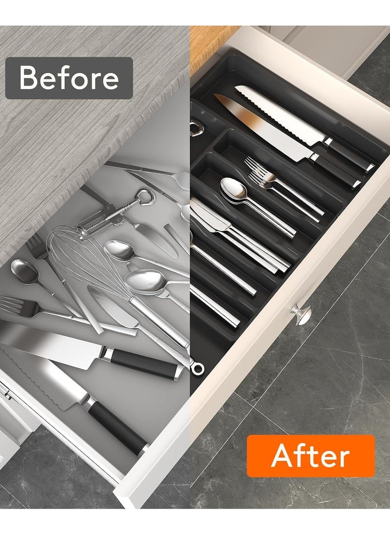 Eworld - Large Capacity Expandable Silverware Drawer Organizer, BPA-Free Utensil Tray for Kitchen, Adjustable Flatware and Cutlery Holder for Spoons, Forks and Knives, Sleek Black Design - Image 1