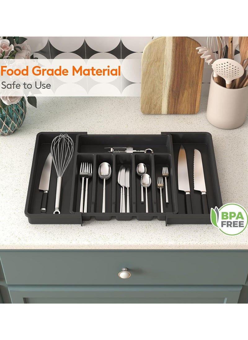 Eworld - Large Capacity Expandable Silverware Drawer Organizer, BPA-Free Utensil Tray for Kitchen, Adjustable Flatware and Cutlery Holder for Spoons, Forks and Knives, Sleek Black Design - Image 1