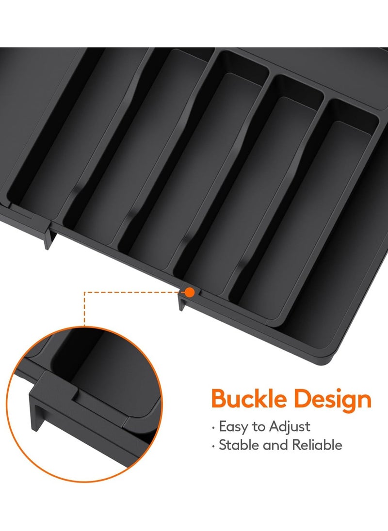 Eworld - Large Capacity Expandable Silverware Drawer Organizer, BPA-Free Utensil Tray for Kitchen, Adjustable Flatware and Cutlery Holder for Spoons, Forks and Knives, Sleek Black Design - Image 1