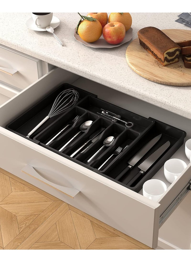 Eworld - Large Capacity Expandable Silverware Drawer Organizer, BPA-Free Utensil Tray for Kitchen, Adjustable Flatware and Cutlery Holder for Spoons, Forks and Knives, Sleek Black Design - Image 1