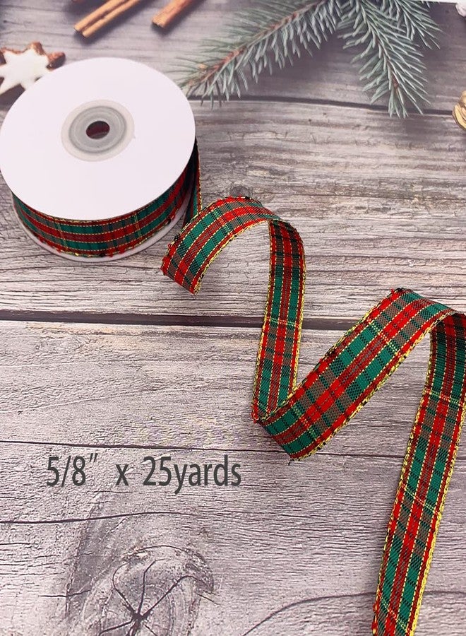 Propupy 5/8" Christmas Ribbons Xmas Plaid Ribbons Craft Ribbon Checked Ribbon Bows Wrapping Ribbons with Measuring Tape for Christmas Party Decoration (25 Yards) - Image 2