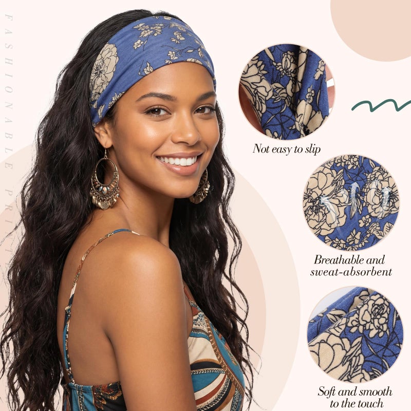 obeoby Boho Style Headbands for Women, 8 Pack Non Slip Headbands Fashion Hippie Clothes for Mom Grandmother Gift Wide Hairband Hair Wrap - Image 4