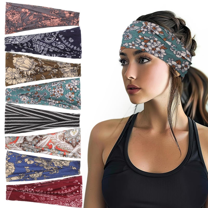 obeoby Boho Style Headbands for Women, 8 Pack Non Slip Headbands Fashion Hippie Clothes for Mom Grandmother Gift Wide Hairband Hair Wrap - Image 1