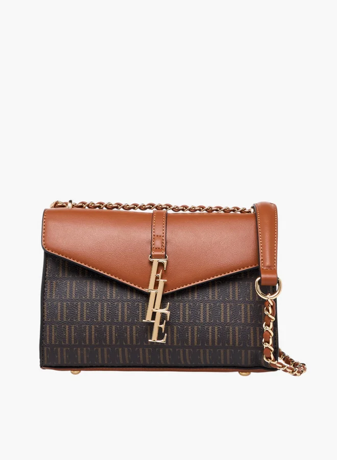 ELLE Monogram Print Crossbody Bag with Chain Strap